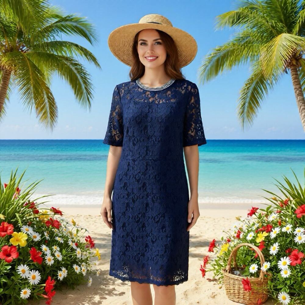 Hope & Harlow Navy Blue Lace Dress Women 14 Knee Length Zip Back Career Party